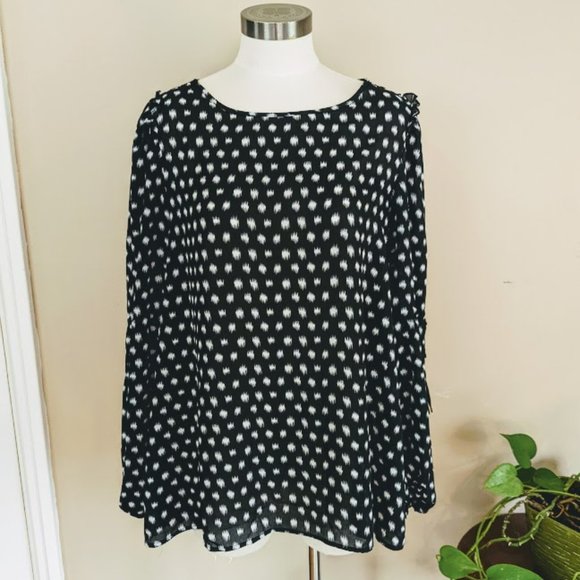 Max Studio Black White Print Popover Blouse - Size Large - Picture 1 of 10